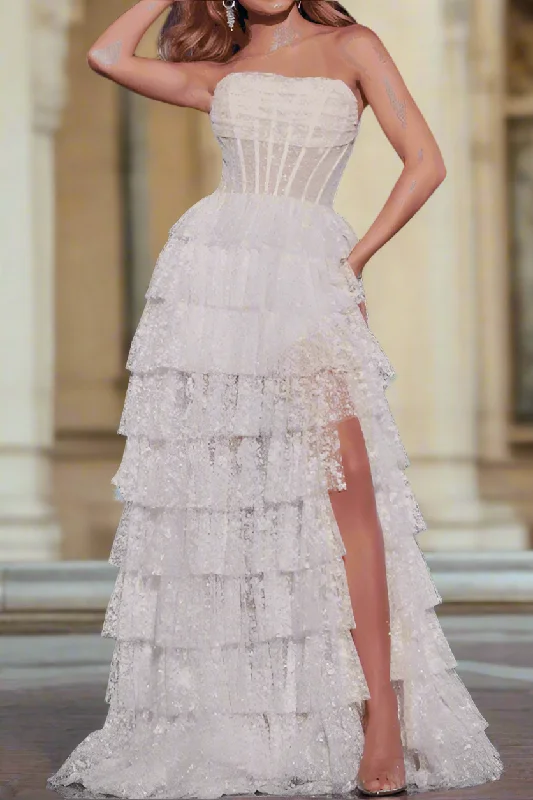 Limited Time Offer sleek dresssleek dressStrapless Empire Tiered Sheer Party Prom Dress With Slit