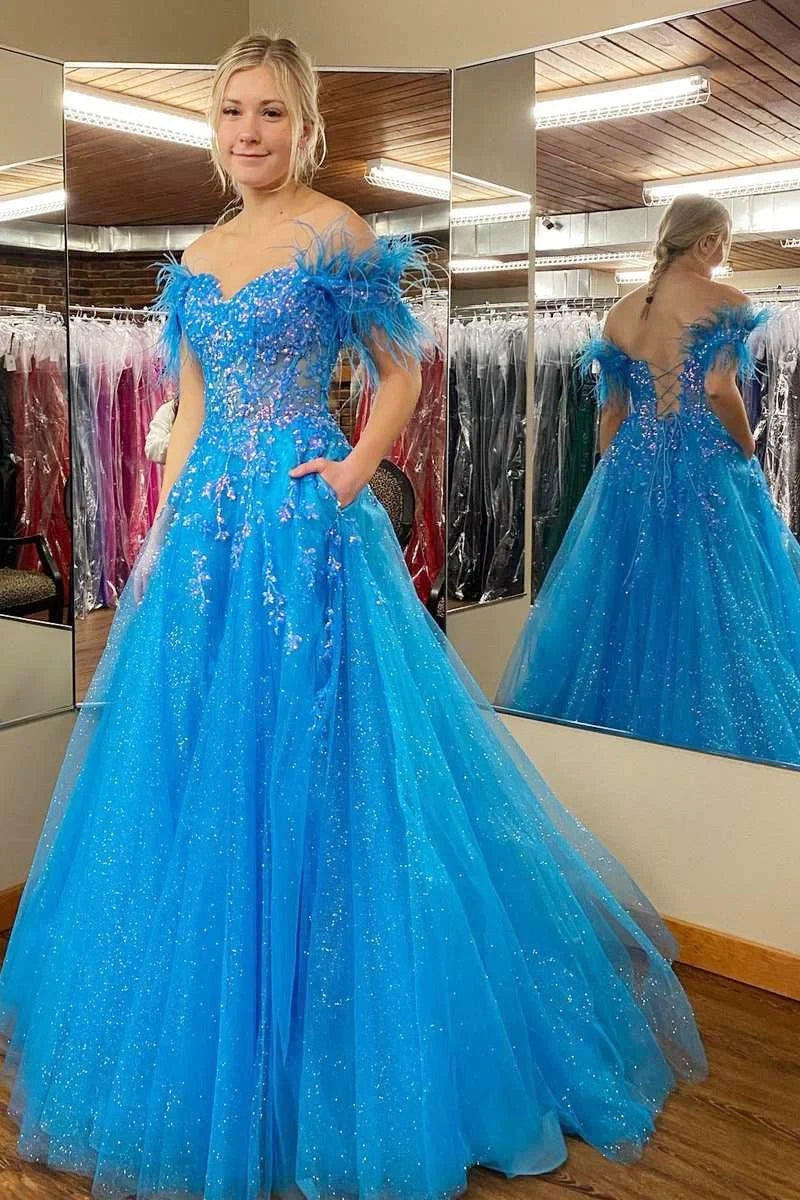 Hurry In denim dressdenim dressFeathers Off-Shoulder Tulle A-Line Lace Appliques Fprmal Prom Dress Hurry In denim dressdenim dressFeathers Off-Shoulder Tulle A-Line Lace Appliques Fprmal Prom Dress