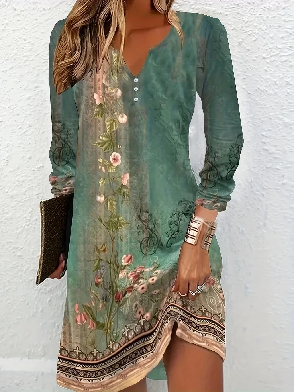Buy Now Floral Print Notched Neck Dress, Vintage Long Sleeve Mini Dress