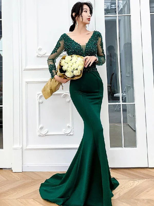 Today Only textured dresstextured dressDark Green Mermaid Beaded and Lace Mermaid Long Evening Dress Y1433