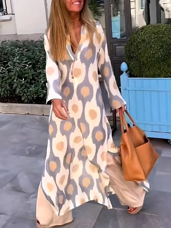 Clearance Items Graphic Print Split Dress, Vintage V Neck Long Sleeve Maxi Dress