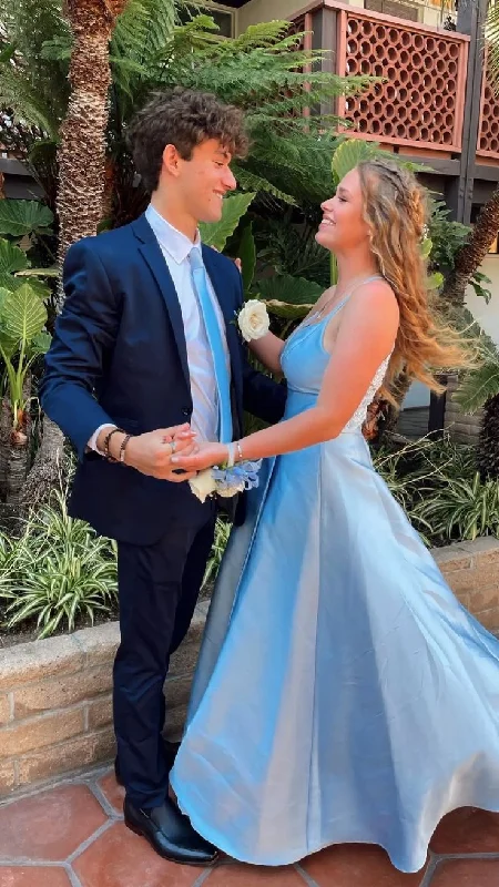 Final Markdown floral midi dressfloral midi dressClassic A-line V Neck Blue Satin Long Prom Dress,Blue Graduation Dress Y4980