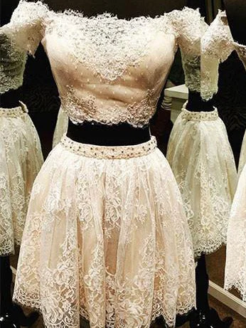 Quick Sale Two Piece Homecoming Dress Off-the-shoulder Tulle Short Prom Dress Party Dress JK383