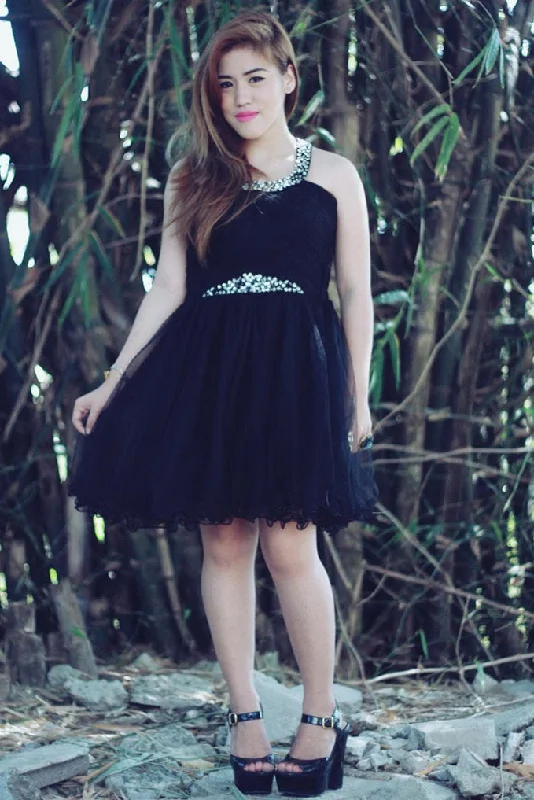 Today Only Sheath One Spaghetti Strap Knee Length Tulle Rhinestone Prom Dress