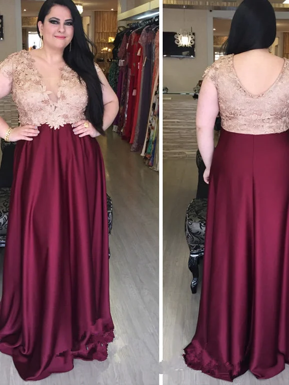 Final Markdown Burgundy Plus Size Prom Dresses V-neck Sexy Satin Floor-length Prom Dress JKP019