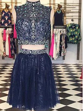 Instant Discount Two Piece Homecoming Dress High Neck Rhinestone Short Prom Dress Party Dress JK385