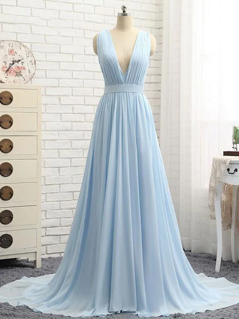 Instant Discount Sexy Prom Dresses V-neck A Line Sweep/Brush Train Chiffon Sexy Long Prom Dress JKL756