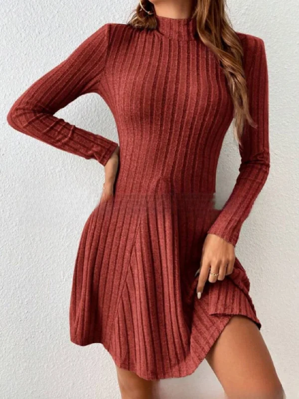 Daily Deals Ribbed Knit Long Sleeve Dress, Casual Crew Neck Knit A-line Dress