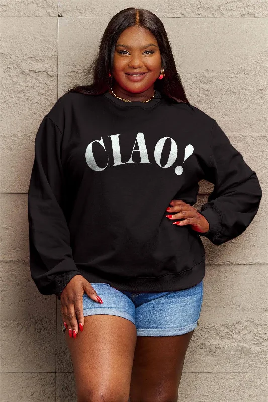 Price Cut slim fit workout hoodieSimply Love Full Size CIAO！Round Neck Sweatshirt