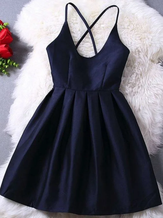 Buy Now Homecoming Dress Dark Navy Criss-Cross Straps Short Prom Dress Party Dress JK176