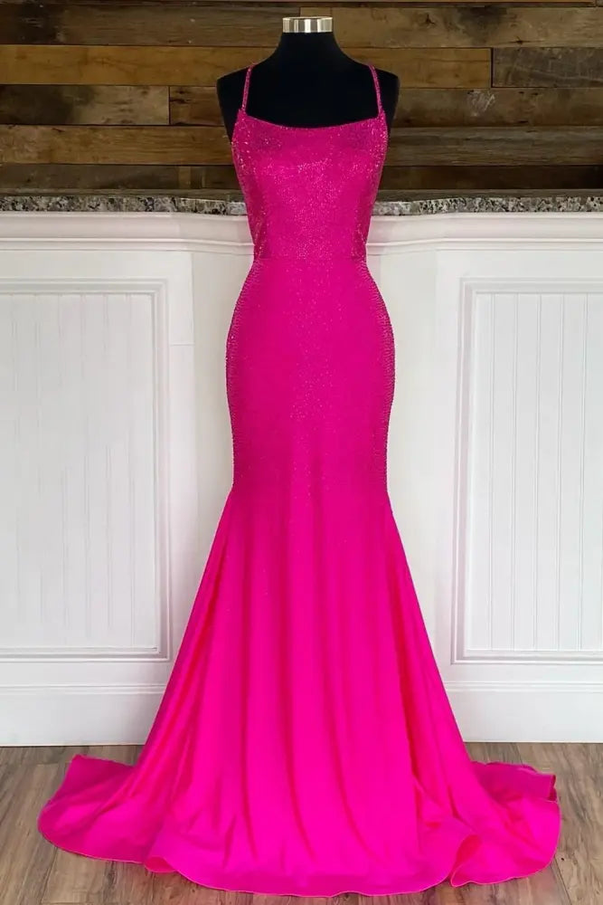 Buy More, Save More structured dressstructured dressBateau Spaghetti Straps Satin Beaded Mermaid Prom Dress