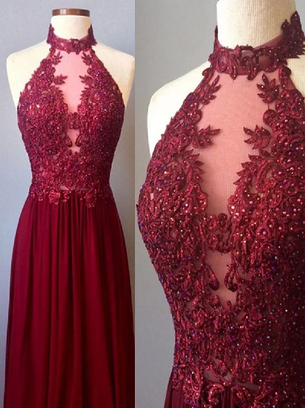 The Best Prices Burgundy Prom Dresses Sexy Halter Appliques Long Prom Dress/Evening Dress JKL077