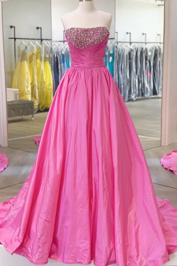 Super Sale denim dressdenim dressPink A-Line Strapless Pearl Empire Prom Party Dress