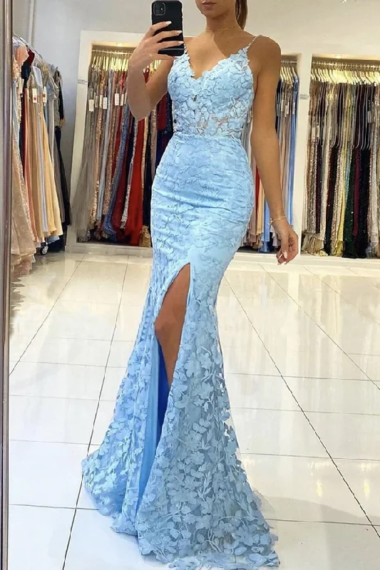 Exclusive Savings long sleeve dresslong sleeve dressMermaid V Neck Backless Blue Lace Long Prom Dress, Mermaid Blue Lace Formal Dress, Blue Lace Evening Dress Y1465