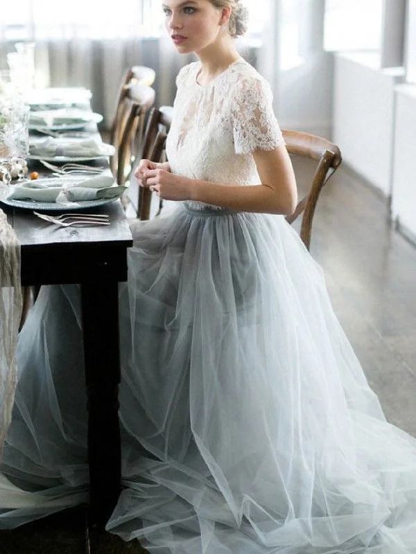 Discount Extravaganza Two Piece Wedding Dresses A-line Sweep Train Lace Simple Tulle Bridal Gown JKW366