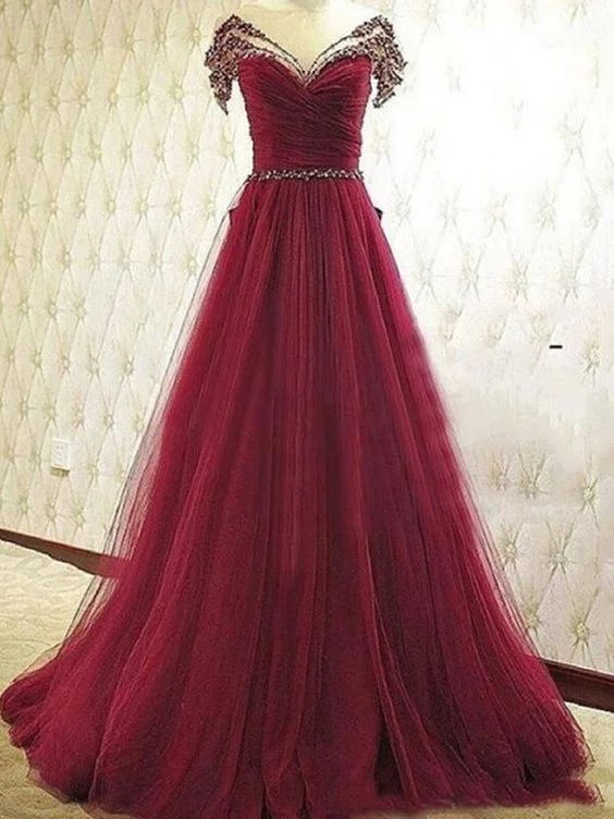 Super Sale Burgundy Prom Dresses A-line Scoop Floor-length Tulle Sequins Sexy Prom Dress/Evening Dress JKL217