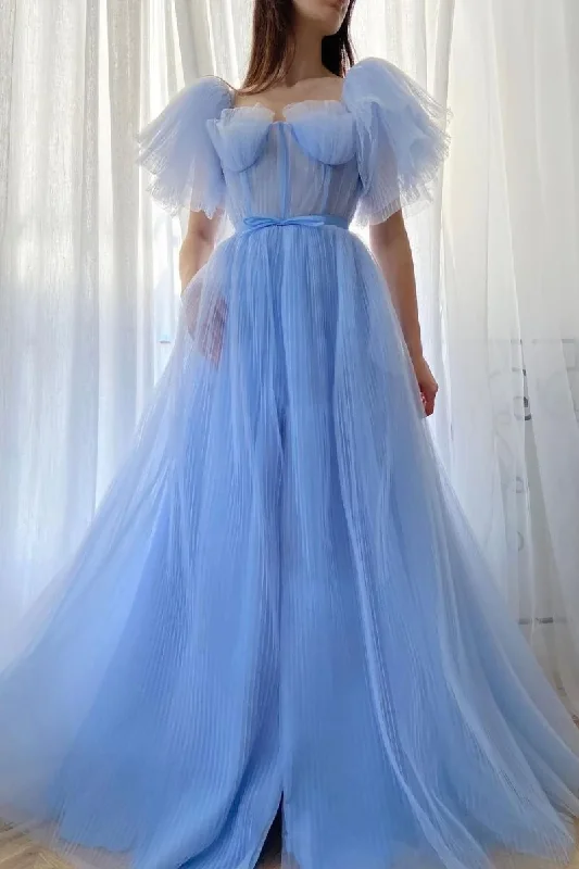 New Deals Blue A-line tulle long prom dress, blue tulle formal dress GJS720