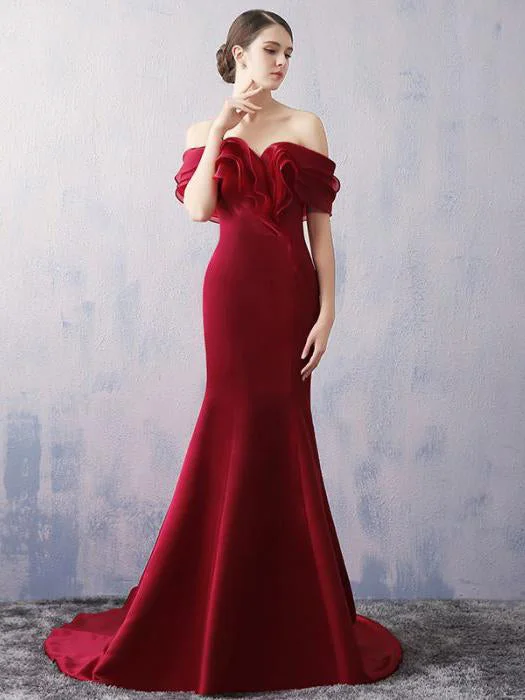 Daily Deals Burgundy Prom Dresses Off-the-shoulder Brush Train Lace-up Sexy Mermaid Prom Dress JKL524