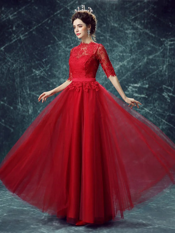 Exclusive Deal Lace Prom Dresses Scoop A-line Floor-length Half Sleeve Tulle Chic Prom Dress/Evening Dress JKS153