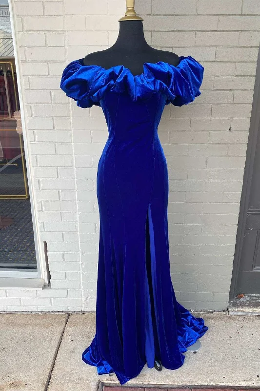 Friends and Family Sale trendy wrap dresstrendy wrap dressRuffle Off the Shoulder Royal Blue Long Formal Dress with Slit,Charming Evening Dress  Y1569