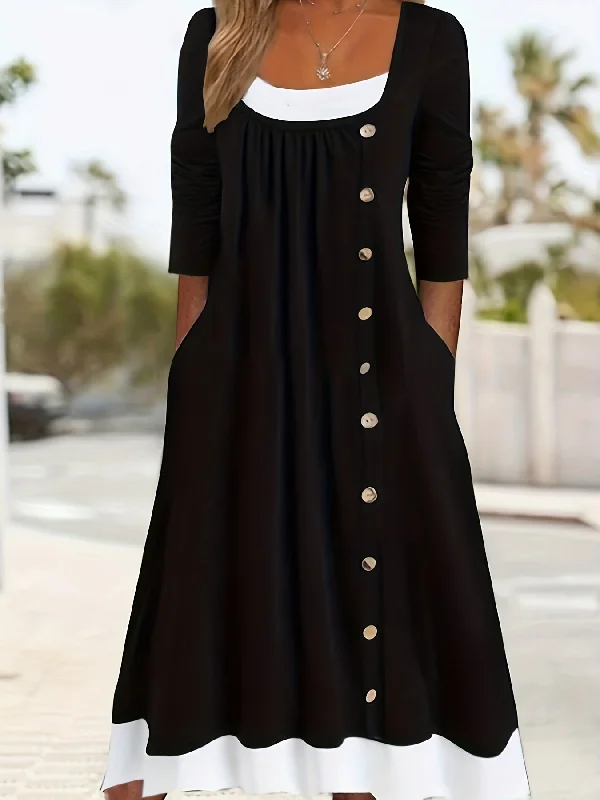 Huge Savings Women's Colorblock Button Decor Long Sleeve Round Neck Slight Stretch Dress With Pockets