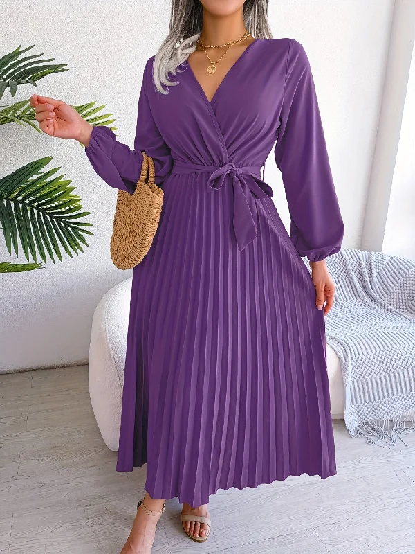 Fantastic Offers Pleated Surplice Neck Dress, Elegant Long Sleeve Solid Dress, Women's Clothing