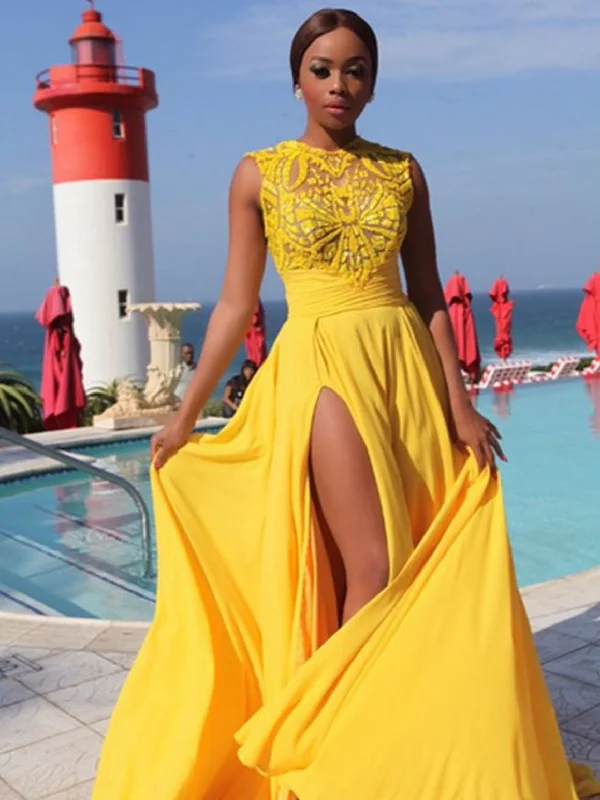 Low Prices Sexy Prom Dresses A-line Embroidery Sweep/Brush Train Sexy Long Slit Prom Dress JKS261