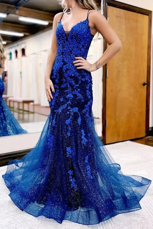 Weekend Deal trendy mini dresstrendy mini dressTrumpet V-Neck Spaghetti Straps Lace Appliques Long Formal Dress
