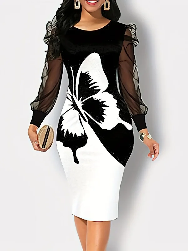 Deal Zone Butterfly Print Contrast Mesh Dress, Elegant Crew Neck Long Sleeve Dress