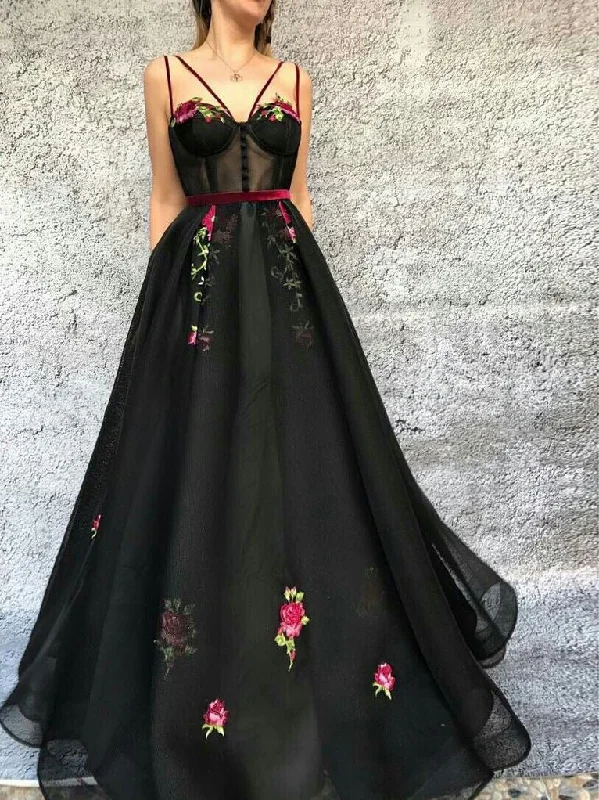 Daily Specials Black Prom Dresses Spaghetti Straps A Line Embroidery Long Prom Dress JKL912