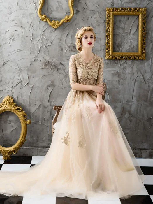 Limited Quantity Two Piece Prom Dresses Scoop Appliques Brush Train Tulle Prom Dress Sexy Evening Dress JKL557