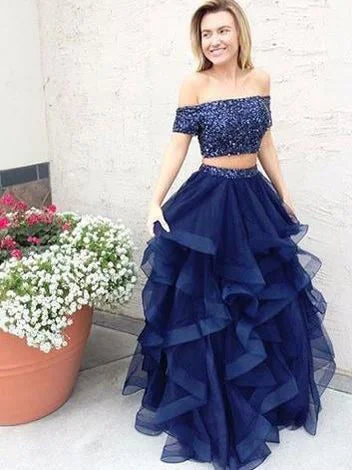 Price Drop Alert Long Two Piece Prom Dresses Dark Navy Off-the-shoulder Sexy Prom Dress/Evening Dress JKS133