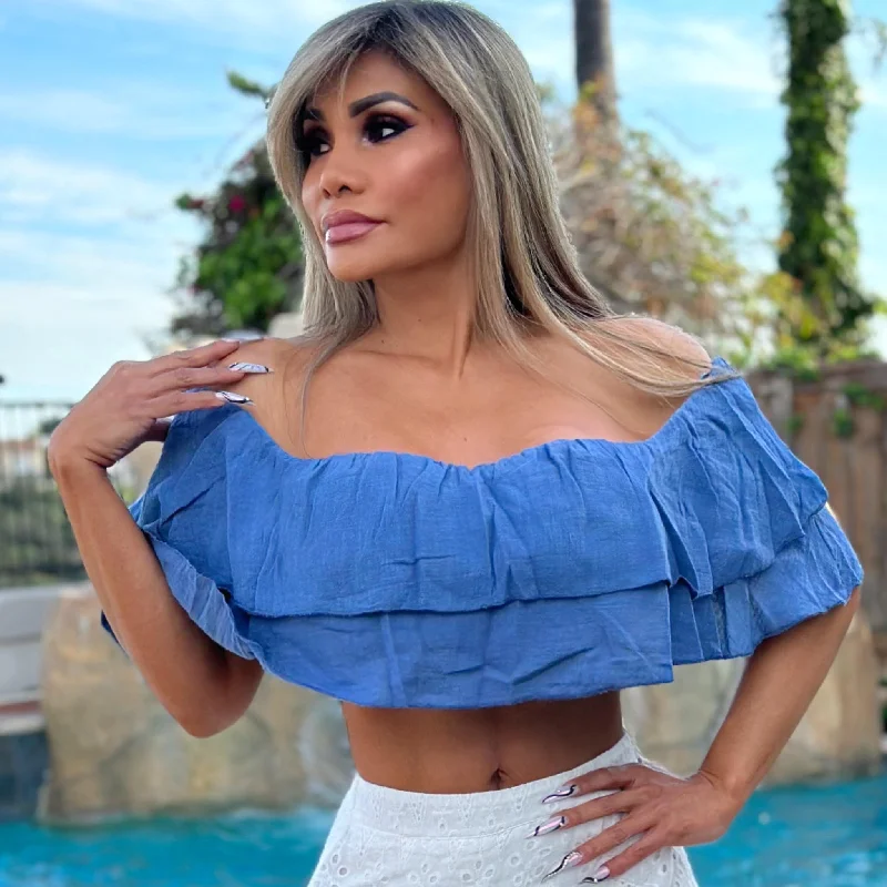 Friends and Family Sale pleated dresspleated dressFINAL SALE Connie's TOP SHELF🥂 "Spanish Blue Jean Blue OFF SHOULDER Top" ... Cotton Gauze Outer ruffle and Lined Inner  💙💙💙