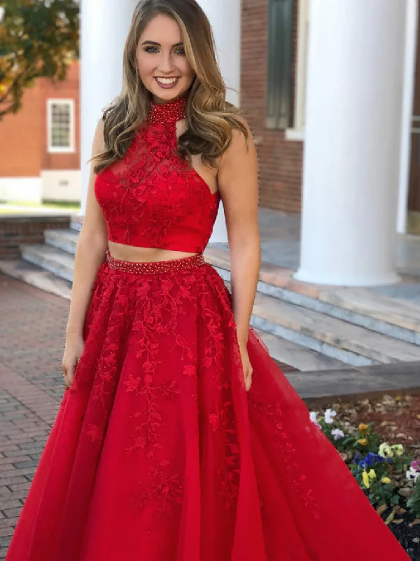 Instant Savings Two Piece Prom Dresses High Neck Ball Gown Sweep Train Long Sexy Black Prom Dress JKL695
