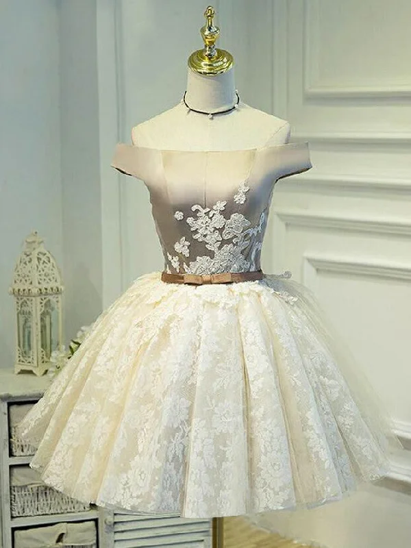 Deep Discounts Cute Homecoming Dress Off-the-shoulder Lace Ivory Short Prom Dress Party Dress JK295