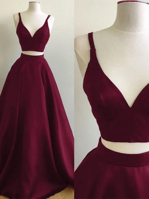 Don’t Miss Out Two Piece Prom Dresses Straps Burgundy Satin Prom Dress/Evening Dress JKL108