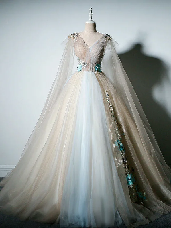 TIME-Limited Offer Ball Gown Prom Dresses V-neck Appliques Fairy Dress Long Prom Dress JKL822
