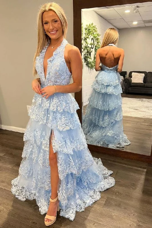 Super Sale formal dressformal dressLow V-Neck Halter Open Back Tiered Lace A-Line Prom Dress Super Sale formal dressformal dressLow V-Neck Halter Open Back Tiered Lace A-Line Prom Dress