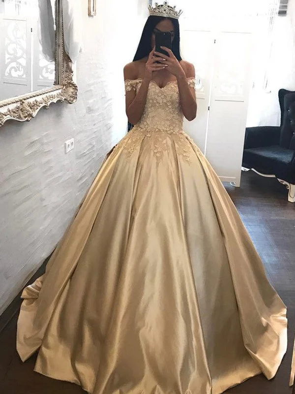 Deal Dash Ball Gown Prom Dresses Off-the-shoulder Appliques Satin Prom Dress/Evening Dress JKL269