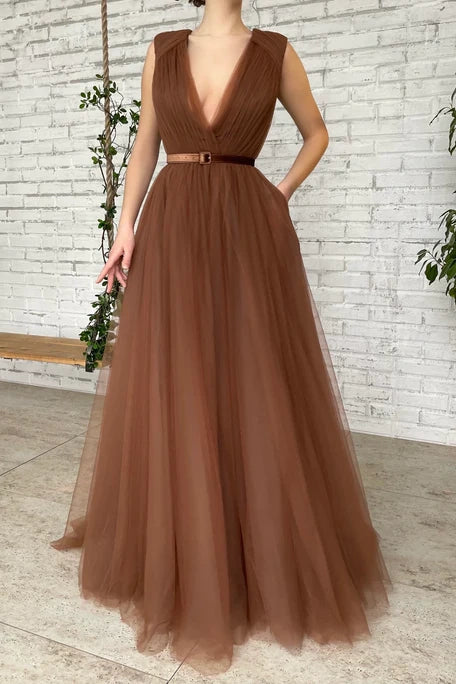 Extra Savings sleek dresssleek dressTulle A-Line Low V-Neck Sleeveless Empire Long Party Prom Dress