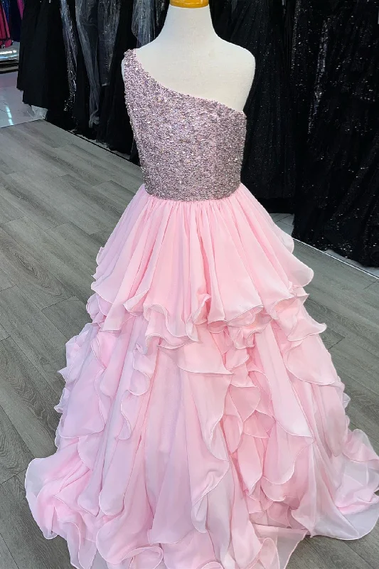 Big Savings vintage dressvintage dressPink One Shoulder Layers Beaded Straps Long Prom Dress