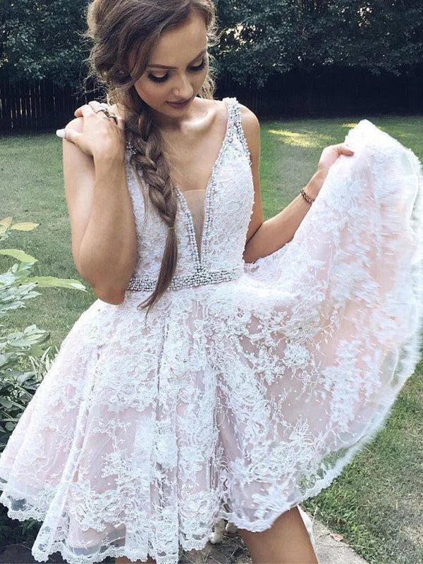 Shop and Save Beautiful Homecoming Dress Straps Lace Appliques Short Prom Dress Party Dress JK367