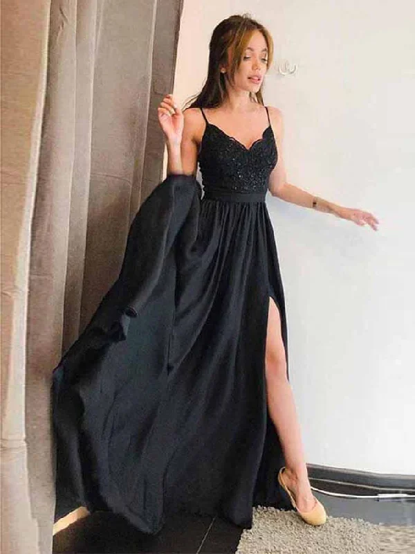 Exclusive Savings Black Prom Dresses with Spaghetti Straps A-line Long Cheap Slit Prom Dress JKL1696
