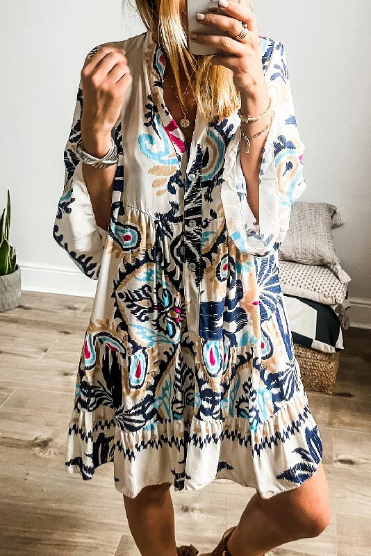New Markdowns White Printed Tribal Print Bracelet Sleeve Buttoned Mini Dress