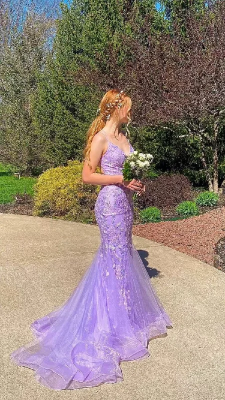Super Sale stylish party dressstylish party dressLavender Spaghetti Straps Mermaid Lace Prom Dress Applique Tulle Long Evening Gown Y1514