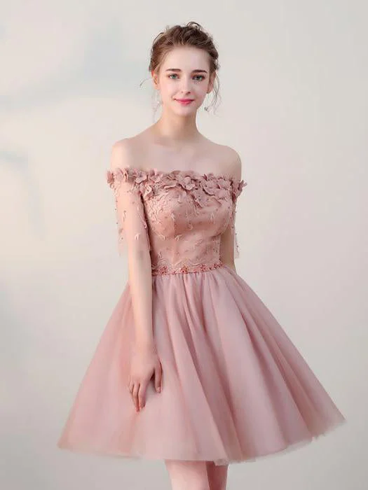 Hot Deal Chic Homecoming Dress Off-the-shoulder Beading Tulle Lace Short Prom Dress Party Dress JK068
