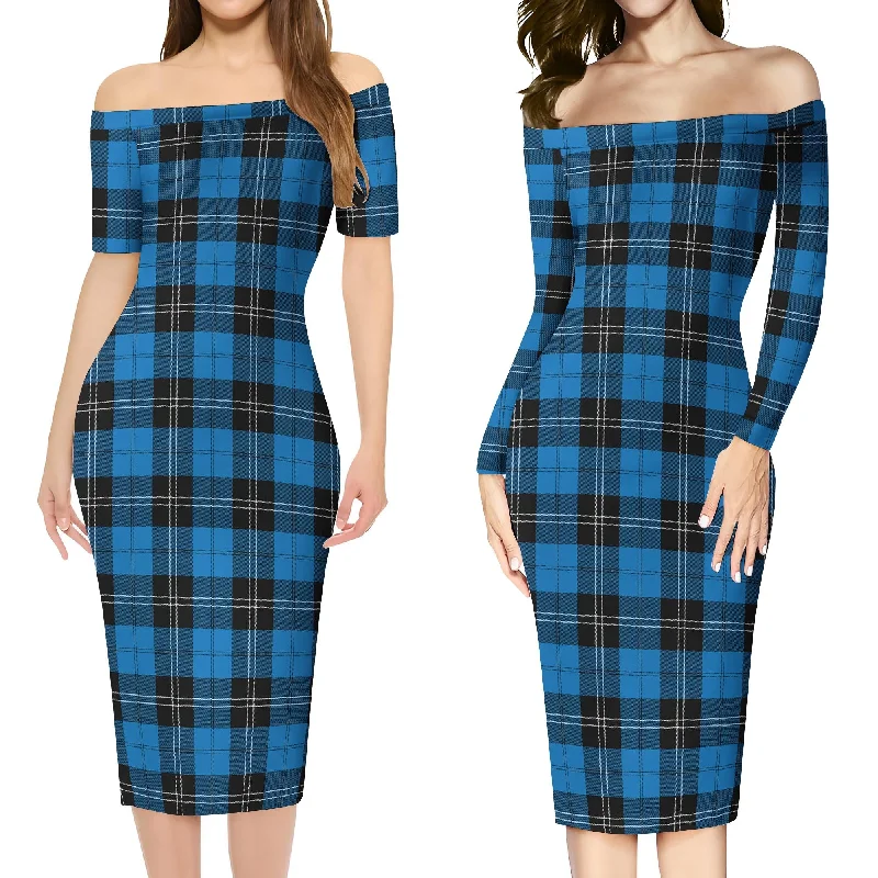 Limited Time Offer Ramsay Blue Ancient Tartan Off Shoulder Lady Dress
