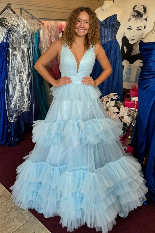 Warehouse Sale comfy dresscomfy dressV-Neck Sleeveless Empire Tulle A-Line Tiered Prom Dress