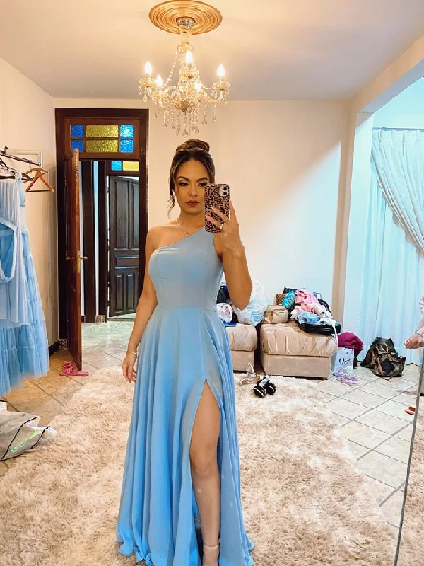 Hurry In v-neck dressv-neck dressElegant One Shoulder Blue Prom Dress With Slit,Blue Bridesmaid Dress Y5158