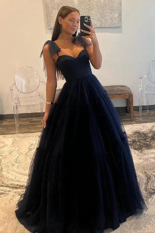 Quick Sale formal dressformal dressDark Navy Bow Tie Shoulder Dot Tulle A-line Long Prom Dress Y4892 Quick Sale formal dressformal dressDark Navy Bow Tie Shoulder Dot Tulle A-line Long Prom Dress Y4892